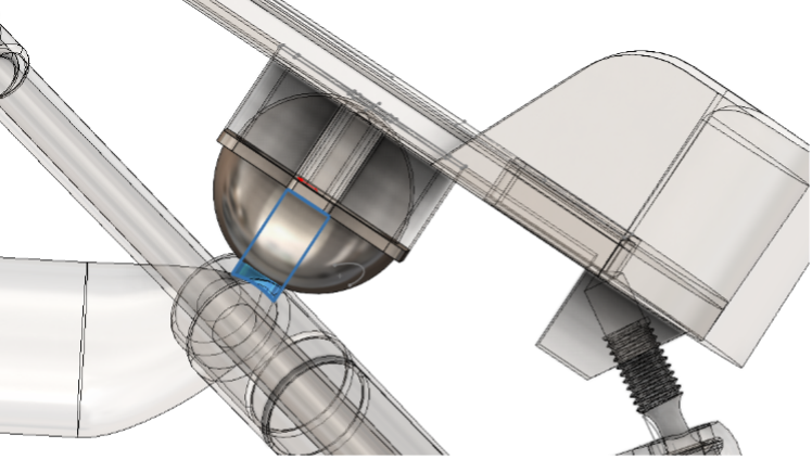 Fig. 19 – Intersezione tra la copertura sferica e il perno di accoppiamento nella posizione di riposo (pedana a 30° rispetto l’orizzontale).