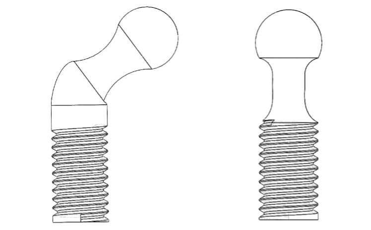 Fig. 25 – Perni con testa sferica. A sinistra quello tra pistoni laterali e base e a destra quello tra i pistoni e i restanti punti di collegamento.
