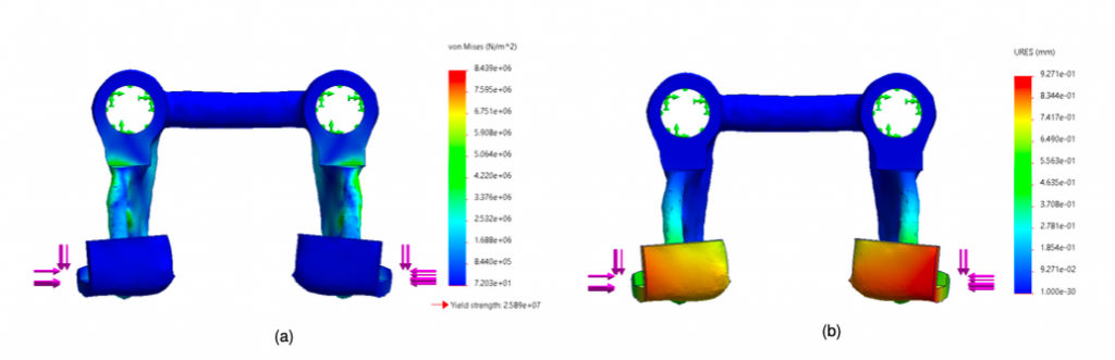 Fig. 7: Analisi statica di conferma con incastro sui fori. Diagramma a falsi colori delle tensioni (a) e degli spostamenti (b)